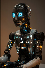 Aufkleber - Innovative robot with blue glowing eyes showcases advanced technology in modern exhibition space