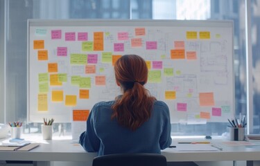 Poster - A focused and determined woman actively engages in meticulous goal setting and detailed planning, as she analyzes a variety of colorful sticky notes displayed on a whiteboard in a modern office space