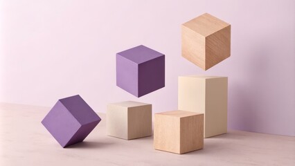 Wall Mural - Floating Wooden and Purple Cubes on Pink Background Minimalist Composition, 3D Render, Product Display, Geometric Shapes 3D rendering, product photography