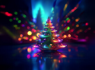Aufkleber - A vibrant, iridescent Christmas tree glows in a dark, neon-lit cityscape.  Its reflective surface captures the surrounding colorful lights, creating a magical, futuristic holiday scene.