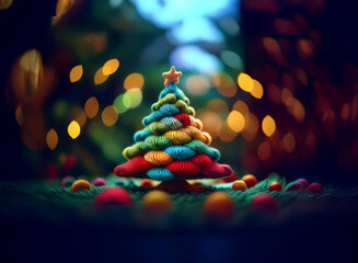 Poster - A vibrant, miniature Christmas tree crafted from colorful yarn sits amidst a bokeh of warm lights and festive ornaments.  Its star topper shines brightly.