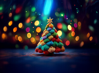 Poster - A vibrant, yarn-crafted Christmas tree stands illuminated against a bokeh backdrop of colorful lights.  A single star tops the whimsical, festive tree.