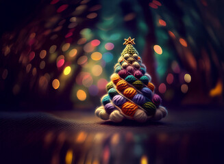Poster - A miniature, colorful yarn Christmas tree sits on a dark surface, illuminated by a bokeh of warm lights.  The festive scene evokes a cozy, whimsical atmosphere.