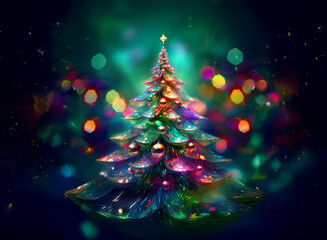 Poster - A vibrant, iridescent Christmas tree glows with colorful lights and ornaments against a dark, bokeh-filled background.  Magic and festive cheer radiate from this digital artwork.