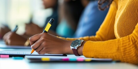 Poster - A closeup shows an individual taking notes on goal setting and strategic planning, surrounded by peers in a collaborative learning environment, reinforcing teamwork and collective growth