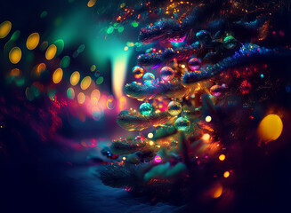 Poster - A vibrant Christmas tree adorned with colorful ornaments glows brightly against a dark, bokeh-filled background.  The scene is magical and festive.