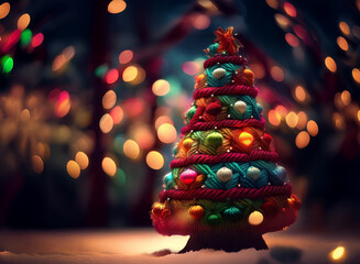 Poster - A whimsical yarn Christmas tree adorned with colorful ornaments sits in the snow, bathed in the warm glow of festive lights.