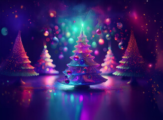 Poster - Enchanted Christmas scene: three shimmering, pastel trees adorned with colorful ornaments, bathed in vibrant neon light, reflecting on a glossy surface.  A magical, festive atmosphere.
