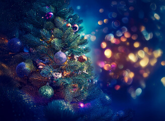 Poster - A beautifully decorated Christmas tree glows with colorful ornaments and twinkling lights against a bokeh background.  The scene evokes a magical, festive atmosphere.
