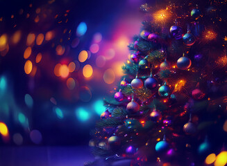 Poster - A vibrant Christmas tree adorned with colorful ornaments glows against a backdrop of shimmering lights and bokeh.  The scene is magical and festive.