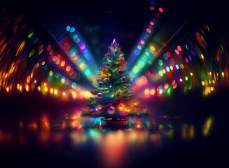 Poster - A vibrant, colorful Christmas tree glows brightly, surrounded by dazzling light bursts and bokeh.  The scene is festive and magical, reflecting a joyous holiday spirit.