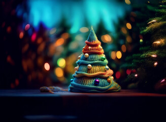 Poster - A whimsical, miniature Christmas tree, crafted from colorful, textured clay, sits adorned with baubles against a bokeh background of glowing lights and other evergreen trees.