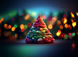 Poster - A whimsical, yarn-crafted Christmas tree glows softly against a backdrop of colorful bokeh lights.  The festive scene evokes warmth and joy.