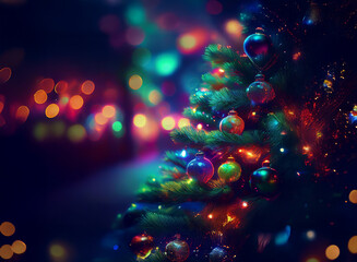 Poster - A vibrant Christmas tree glows with colorful ornaments and lights, creating a magical, festive ambiance.  The bokeh effect in the background adds to the enchanting scene.