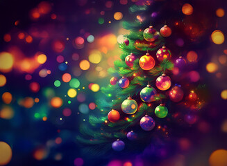 Poster - A vibrant Christmas tree adorned with colorful ornaments, glows against a backdrop of twinkling bokeh lights, creating a magical festive scene.