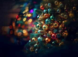 Poster - A richly decorated Christmas tree glows with colorful ornaments and warm lights, creating a festive, magical ambiance.  The bokeh effect adds depth and sparkle to the scene.