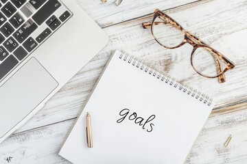 Poster - An efficient workspace includes a modern laptop for tech tasks, stylish glasses for focus, and an organized notepad of personal goals, reflecting motivation and commitment to selfimprovement