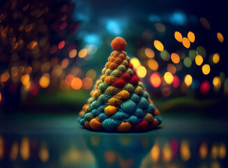 Poster - A miniature Christmas tree crafted from colorful yarn sits on a reflective surface, bokeh lights illuminating the background.  A festive, whimsical scene.
