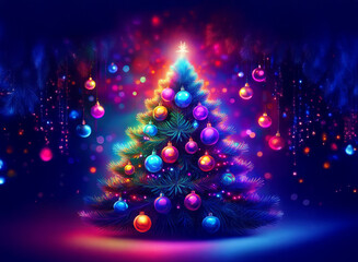 Poster - A vibrant, glowing Christmas tree adorned with colorful ornaments and twinkling lights against a dark blue background.  Surrounded by festive bokeh and sparkles, it radiates holiday cheer.