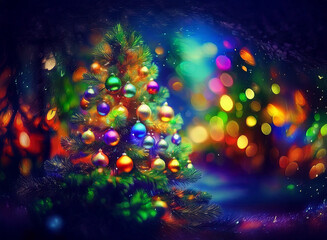 Aufkleber - A vibrant Christmas tree adorned with colorful ornaments stands in a magical, bokeh-filled winter wonderland.  Sparkling lights and falling snow add to the festive ambiance.