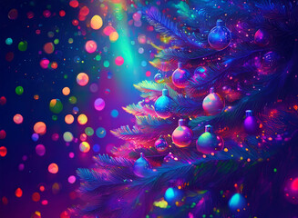 Poster - Vibrant, neon-lit Christmas tree adorned with colorful ornaments.  Magical bokeh effect with swirling lights and sparkles creates a festive, dreamy atmosphere.