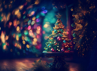 Poster - A miniature Christmas tree sits on a pedestal, adorned with colorful ornaments and twinkling lights.  A blurred bokeh background suggests a festive atmosphere.