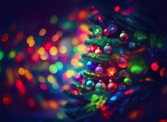 Poster - A vibrant Christmas tree adorned with colorful ornaments glows brightly against a bokeh background of twinkling lights.  The festive scene evokes warmth and holiday cheer.