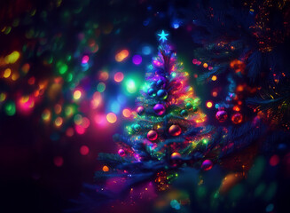 Poster - A vibrant Christmas tree adorned with colorful lights and ornaments, glowing brightly against a bokeh background of multicolored lights.  The scene evokes feelings of joy and wonder.