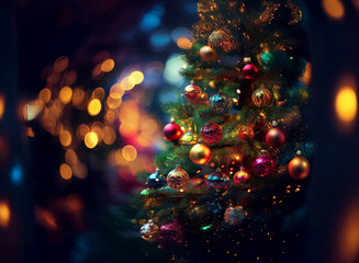 Poster - A beautifully decorated Christmas tree glows with colorful ornaments and warm lights, creating a magical, festive atmosphere.  The bokeh effect adds depth and wonder to the scene.