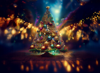 Poster - A majestic Christmas tree, adorned with ornate ornaments and shimmering lights, stands majestically in a mystical, glittering night.  The scene is filled with magical, bokeh-like light effects.