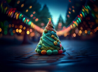 Poster - A whimsical yarn Christmas tree sits on a cobblestone street, illuminated by festive lights strung between trees in the background, creating a magical, cozy winter scene.