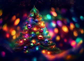 Aufkleber - A vibrant, colorful Christmas tree glows brightly, adorned with shimmering ornaments and twinkling lights against a bokeh backdrop of multicolored sparkles.  The festive scene evokes warmth and joy.