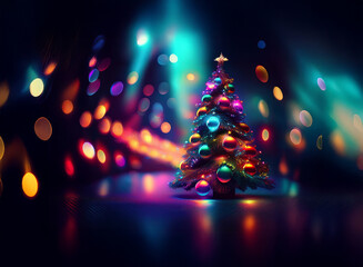 Poster - A vibrant, stylized Christmas tree glows brightly, adorned with colorful ornaments, set against a backdrop of blurred, multicolored lights, creating a festive, magical scene.