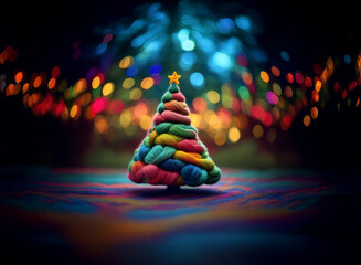 Poster - A vibrant, colorful yarn Christmas tree stands in a bokeh-filled, dark scene.  The tree is decorated with a gold star. The base is a swirl of colorful paint.