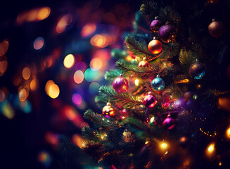 Poster - A richly decorated Christmas tree glows with colorful ornaments and warm lights against a bokeh background of celebratory lights. The scene evokes a feeling of cozy holiday cheer.
