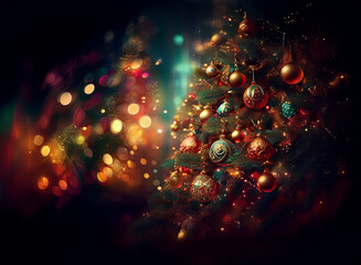 Poster - A beautifully decorated Christmas tree sparkles with ornate ornaments and warm lights against a dark, bokeh-filled background.  The scene evokes a magical, festive atmosphere.