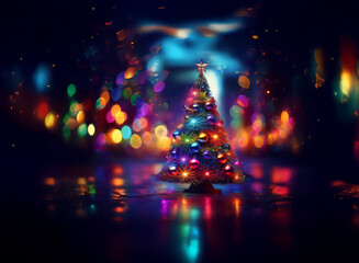 Poster - A vibrant Christmas tree, adorned with colorful ornaments, glows brightly against a bokeh backdrop of twinkling lights, reflecting on a dark, glossy surface.  A magical, festive scene.