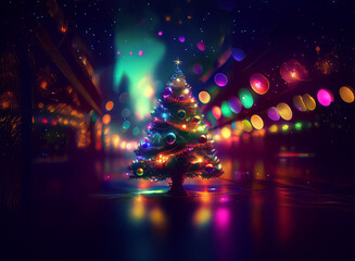 Poster - A vibrant Christmas tree stands alone in a dark, city street, illuminated by colorful lights and its own twinkling ornaments, reflecting in a wet, glossy surface.  The scene is magical and festive.