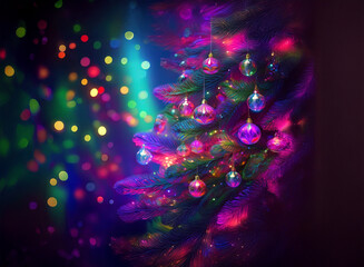 Poster - A vibrant, colorfully lit Christmas tree glows against a bokeh background.  Ornaments shimmer with iridescent light, creating a magical, festive scene.