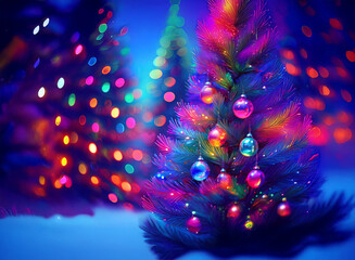 Poster - Vibrant, colorful Christmas trees glow brightly in a whimsical winter scene.  Ornaments shimmer, lights twinkle, and a magical atmosphere fills the snowy landscape.