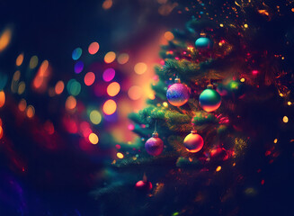 Poster - A vibrant Christmas tree adorned with colorful ornaments glows against a backdrop of twinkling lights, creating a festive and magical atmosphere.