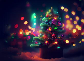 Poster - A whimsical Christmas tree, adorned with colorful ornaments, sits in a pot amidst a bokeh of festive lights and a dusting of snow.  The scene evokes a magical, cozy holiday atmosphere.