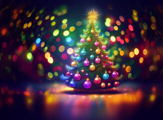 Poster - A vibrant Christmas tree adorned with colorful ornaments glows brightly against a bokeh backdrop of twinkling lights, reflecting on a shiny surface.  A star tops the tree.