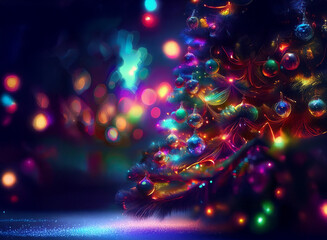 Poster - A vibrant, digitally-painted Christmas tree glows with multicolored lights and ornaments.  Sparkling bokeh and a glittering base add to the festive magic.