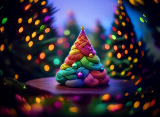 Poster - A vibrant, rainbow-colored yarn Christmas tree sits on a dark surface, nestled amongst glowing, out-of-focus Christmas trees.  The scene is whimsical and festive, perfect for a holiday card.