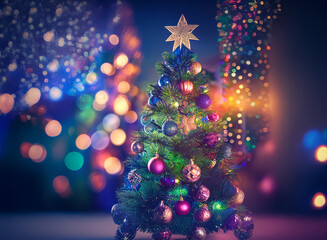 Poster - A decorated Christmas tree stands in front of a colorful, blurred bokeh background, signifying the holiday season and festive cheer.  A star tops the tree.
