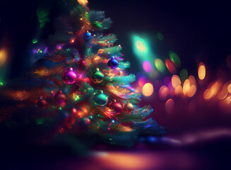 Poster - A vibrant, colorful Christmas tree adorned with glowing ornaments, set against a backdrop of blurred, multicolored lights.  The scene evokes a magical, festive atmosphere.
