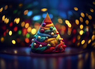 Poster - A vibrant, rainbow-colored yarn Christmas tree stands on a reflective surface, adorned with colorful ornaments and a bokeh background of warm lights.  It evokes a feeling of cozy, festive joy.