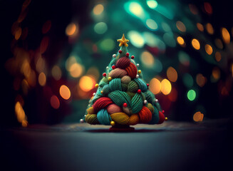 Poster - A whimsical Christmas tree crafted from colorful yarn stands against a bokeh background of warm and cool lights.  The festive scene evokes a cozy and magical holiday atmosphere.