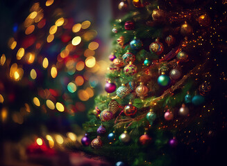 Poster - A beautifully decorated Christmas tree sparkles with colorful ornaments,  glowing lights blur in the background, creating a festive winter scene.